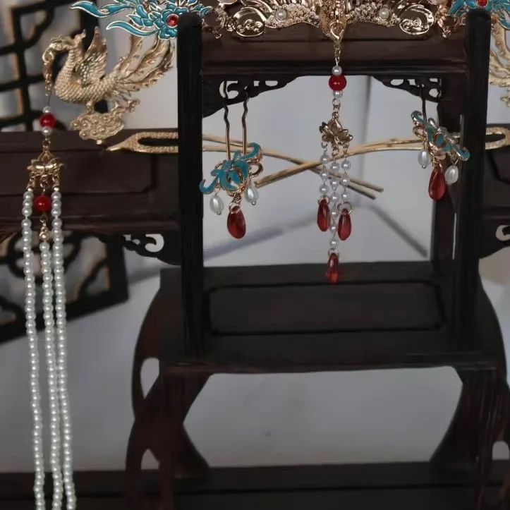 Chinese Traditional Phoenix Crown Bridal Hair Set Vintage Hanfu Wedding Headpiece Tassel Pearl Hairpins Hair Sticks For Brides
