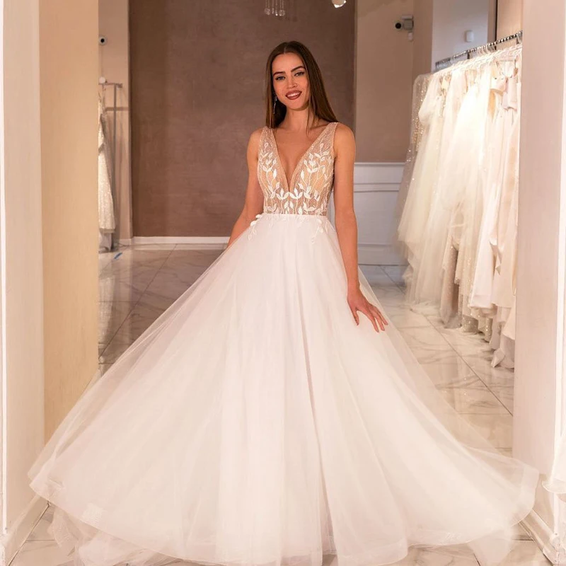 

Simple V-Neck See Through Bodice Appliques Backless A-Line Tulle Wedding Dress Bridal Gown Vestido De Noiva