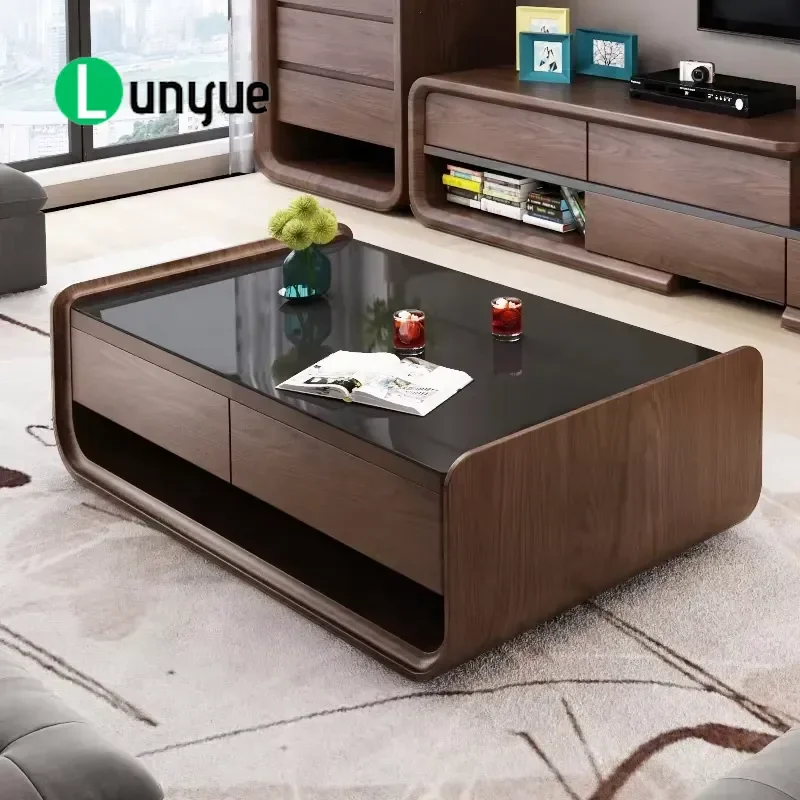 Modern Black Wood and Glass Coffee Table with Hidden Storage Large Size Single Design for Living Room Furniture Stylish and