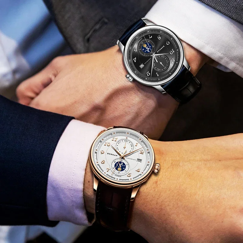Marchio di lusso BORMAN Seagull Orologi meccanici automatici da uomo Zaffiro Multi-funzione impermeabile Fasi lunari Orologi maschili BM3869