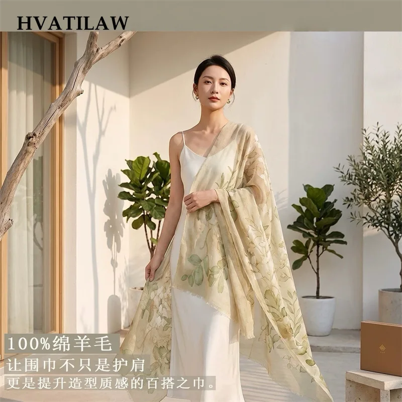 Watercolor Floral Print 100% Wool Scarf Women 200x100cm Large Shawl Wrap Soft Lightweight Neck Shoulder Cover Fashion Accessory