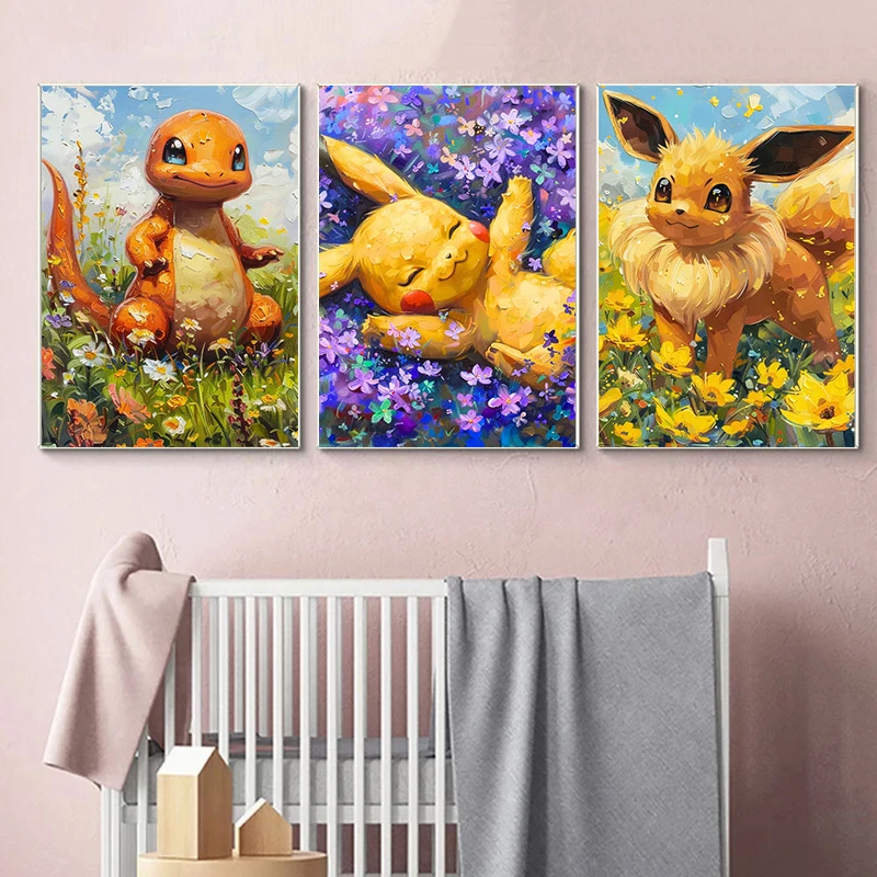 3Pcs/set Abstract Pokemon Pikachu Eevee Canvas Painting Japanese Anime Wall Art Wall Decor Home Decor Living Room Decor Unframed