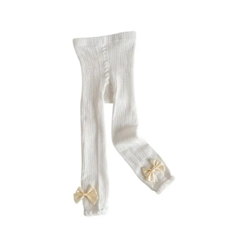 

U13F Baby Cropped Pants Bowknot Detail Tights Solid Color Elastic Leggings for Kids