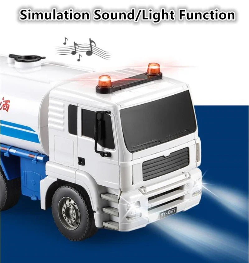 Camión grande doble E577, coche teledirigido, camiones de agua, rociador con luces de sonido de simulación, juguetes para camiones para niños