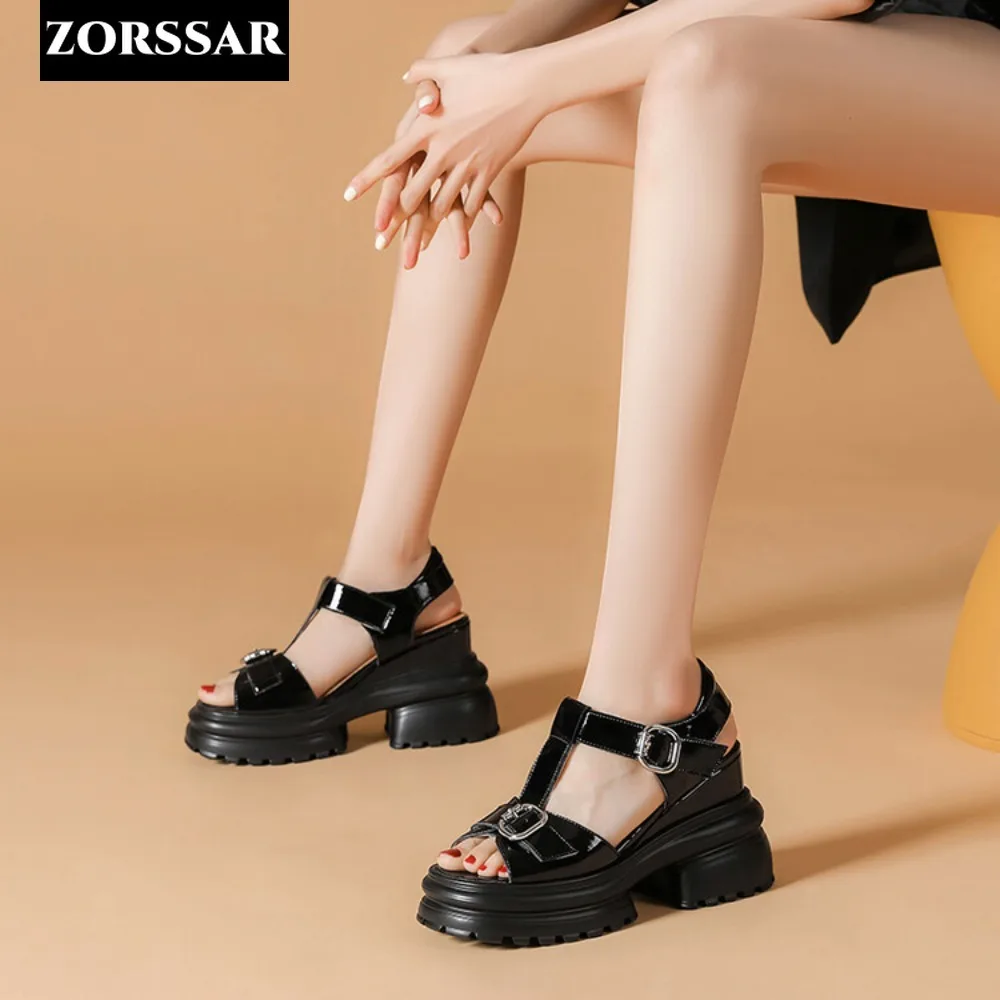 

High Heels Women Summer Sandals Genuine Leather Open-toe Wedge Gladiator Sandals Woman Chunky Heeled Platform Sandalias Mujer