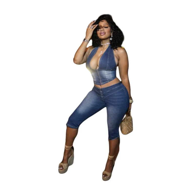 

New Sexy, Slim-fit and Elastic Denim Women's Summer Two-piece Set. V-neck Hang The Neck Lace-up Short Top+Tight Seven-inch Jeans