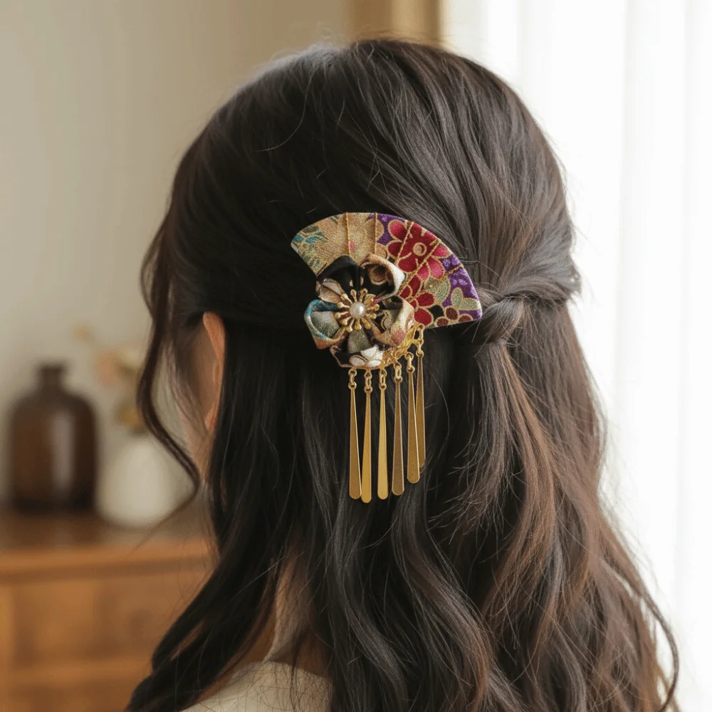 

Elegant Kimono Hair Clip Traditional Sakura Flower Faux Pearl Decor Hair Clip Cloth Metal Tassel Fan Shape Hairpin Ancient Style