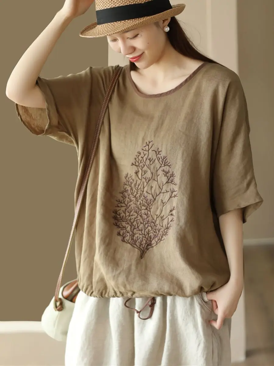 Retro Embroidered Cotton Linen Women's Pullover Summer New Drawstring Hem T-Shirt Loose round Neck Large Size Color Block