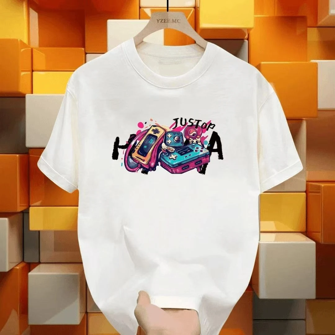 

2026 Новый американский модный игровой автомат с графическим принтом кота, высококачественные мужские и женские футболки с круглым вырезом, свободные короткие рукава