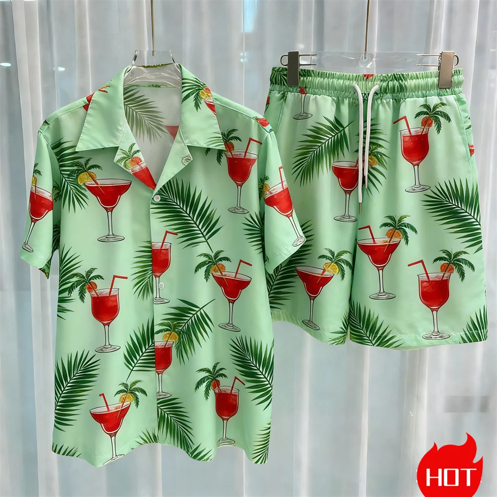 Summer Men's Shirt Sets Plants pattern polyester Two piece shirt set Hawaiian shirt Vacation mens shirt set Casual y2k clothing