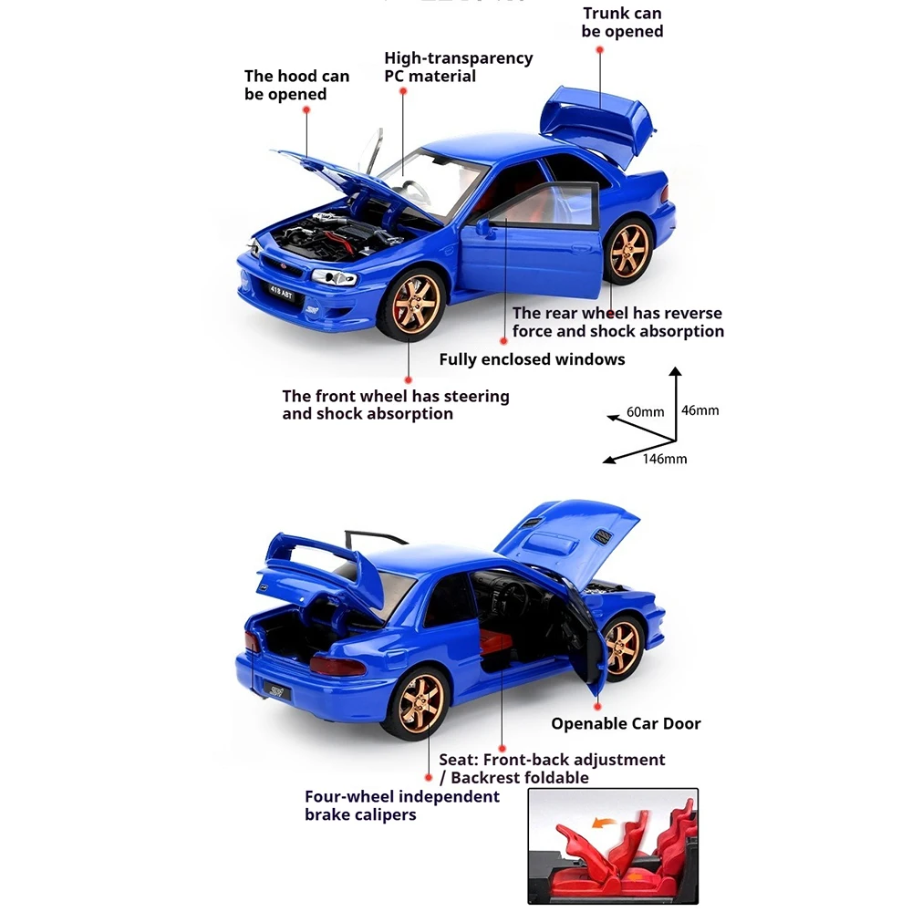 1:32 Sacle Impreza RX-7 FD3S Car Model Toy Doors Opened Pull Back Cars Shock Absorption Front Wheel Steer Party Present