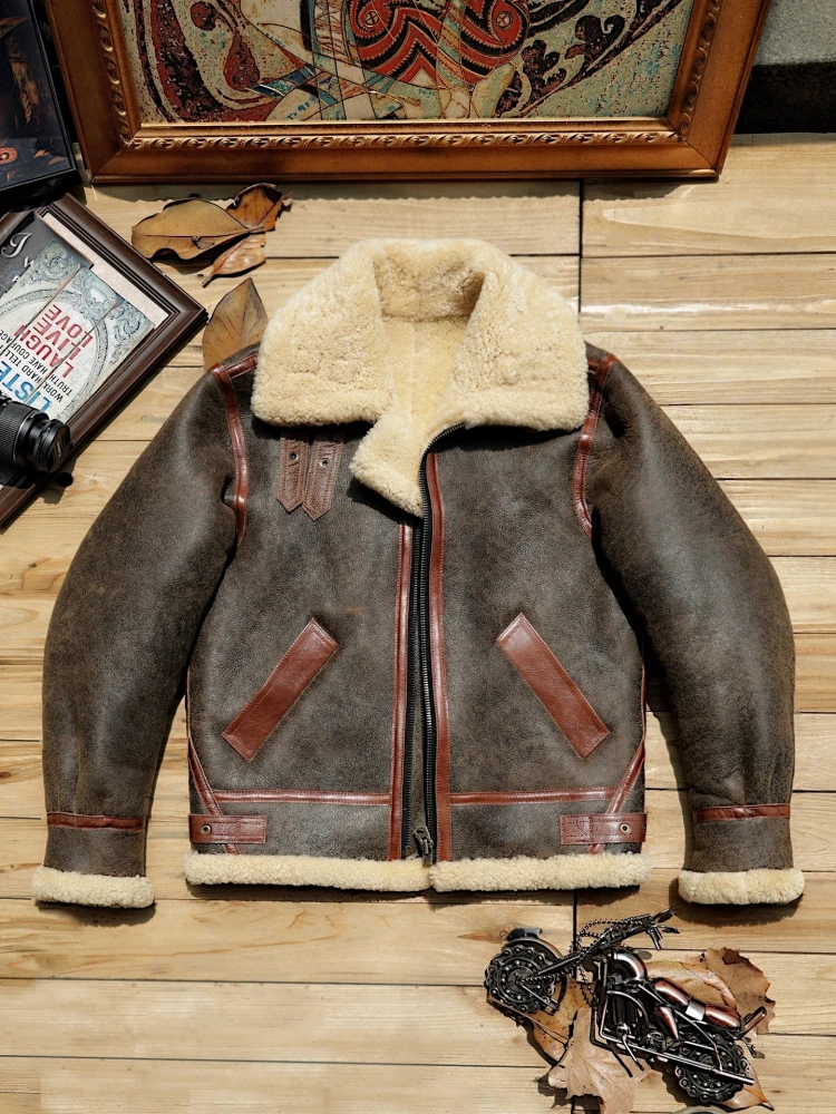 

Мужская дубленка в стиле ретро, классическая зимняя утолщенная куртка B3, теплое коричневое меховое цельное пальто, мотоциклетная куртка для папы