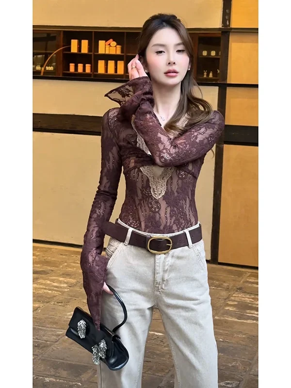 ピュアデザイア スパイシーガール カラーブロ ロングスリーブ ディープVネック レースボディスーツ スリムフィット セクシー トップス レディース ハイウエスト パンツ ポリエステル...