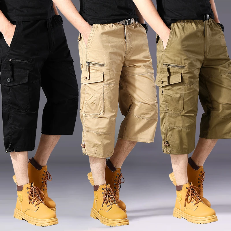 Summer pure cotton cropped shorts for men and young people, straight leg sports camouflage casual workwear shorts, loose and thi