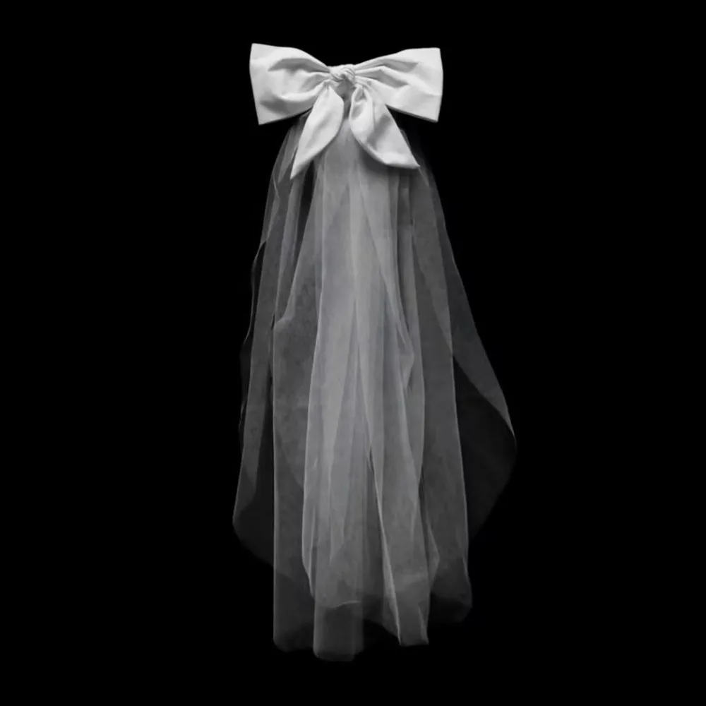

White Bow Tulle Veil Headband – Bridal Bachelorette Party Hair Accessory Short Sheer Tulle Veil with Satin Bow for Wedding