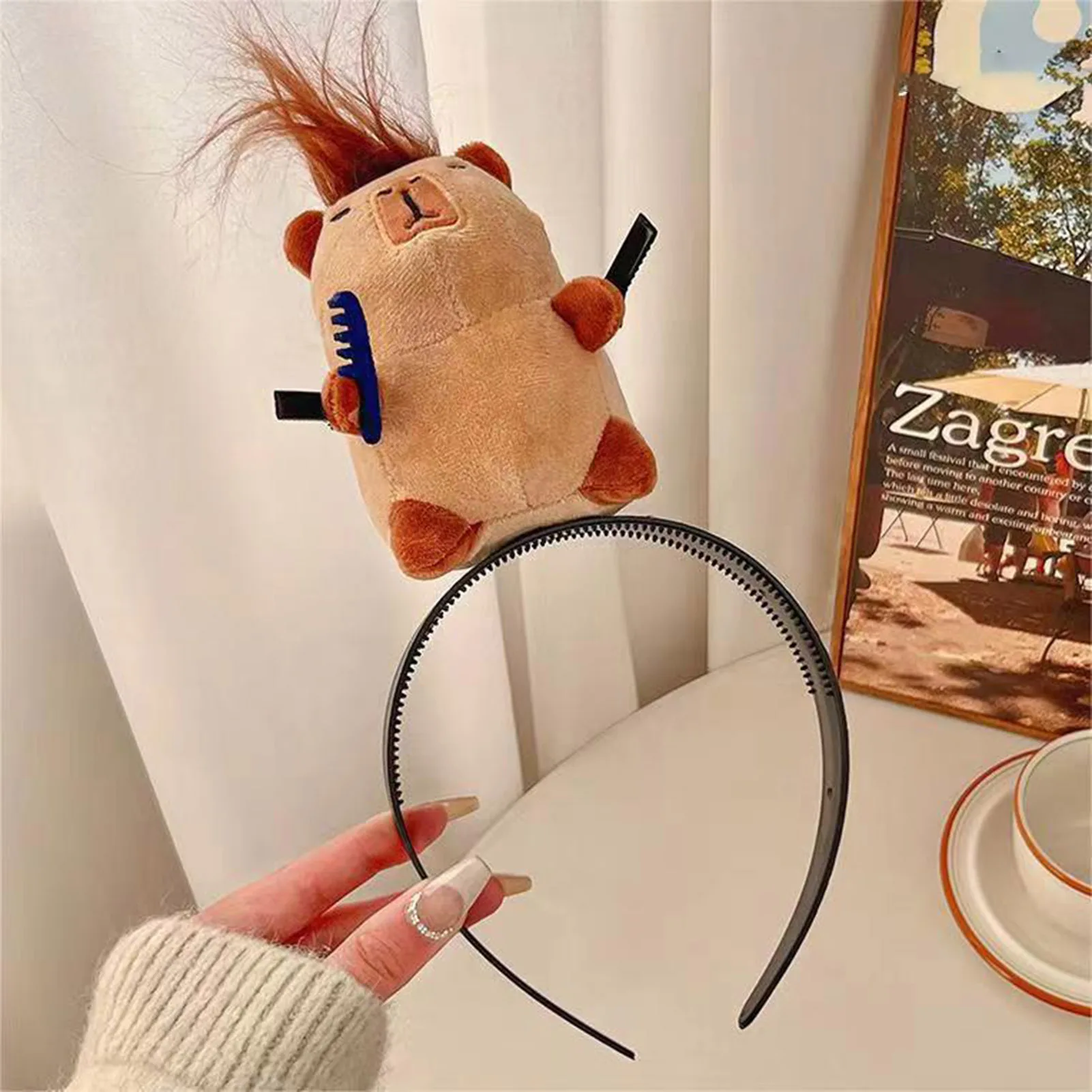 Cartoon Capybara Headband Creative Long Haired Plush Doll Headband Funny Washing Cutting Blowing Hair Hoop Hair Accessories view 5