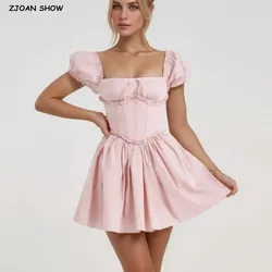 Sweet Pink Wood ears Low Chest Corset style Mini Dress Women Cross Lacing up Bandage Back Short Puff Sleeve Low Waist Party Robe