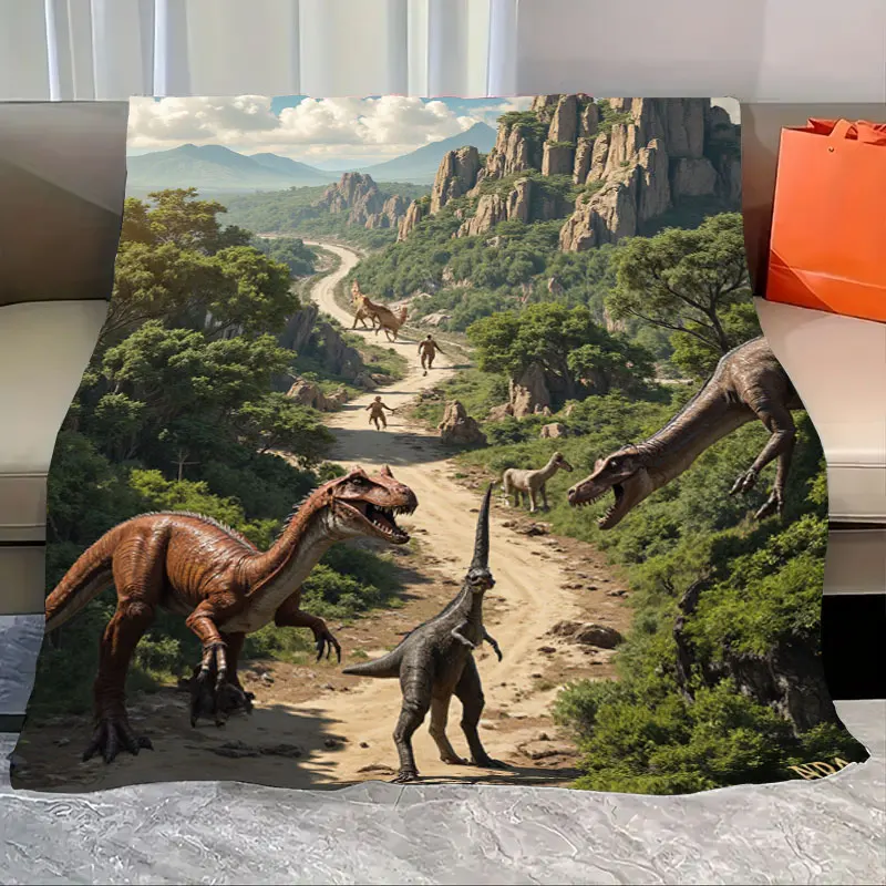 Koc Flanelowy Dinozaur Przygoda - Scena z Lasu Przedhistorycznego z Tyranozaurzem i Velociraptorami