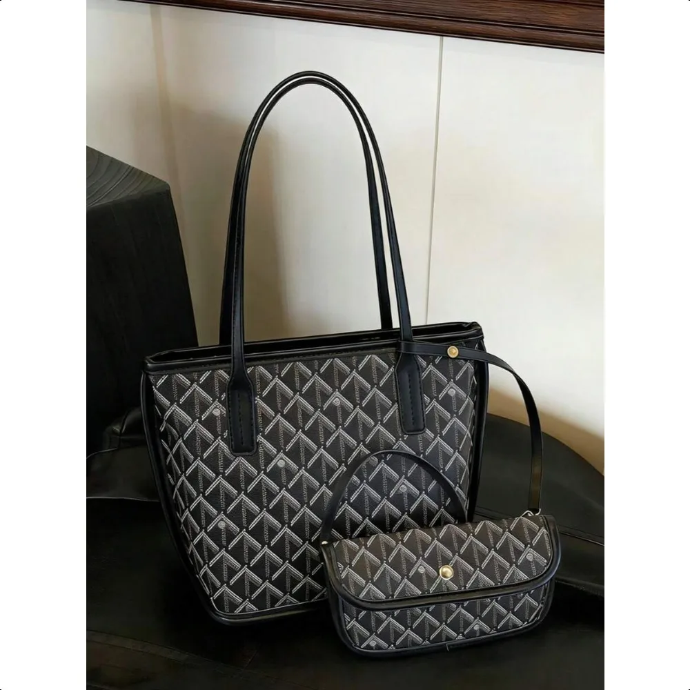 

Contrast Color Letter Print 2-in-1 Bag,Multi-Functional Large Capacity Dual Handle Shoulder Bag with Wallet forBusiness DailyUse