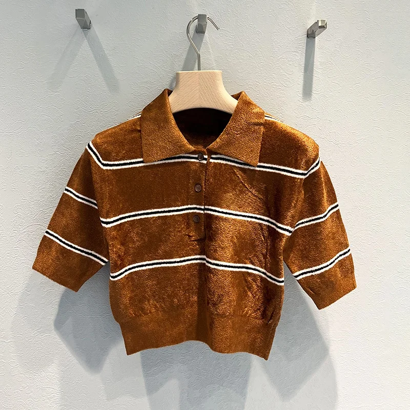 

High-End Striped Knitwear irt for Young Women Korean Sle Loose Fit ort Sve Button down Casual Office Wear