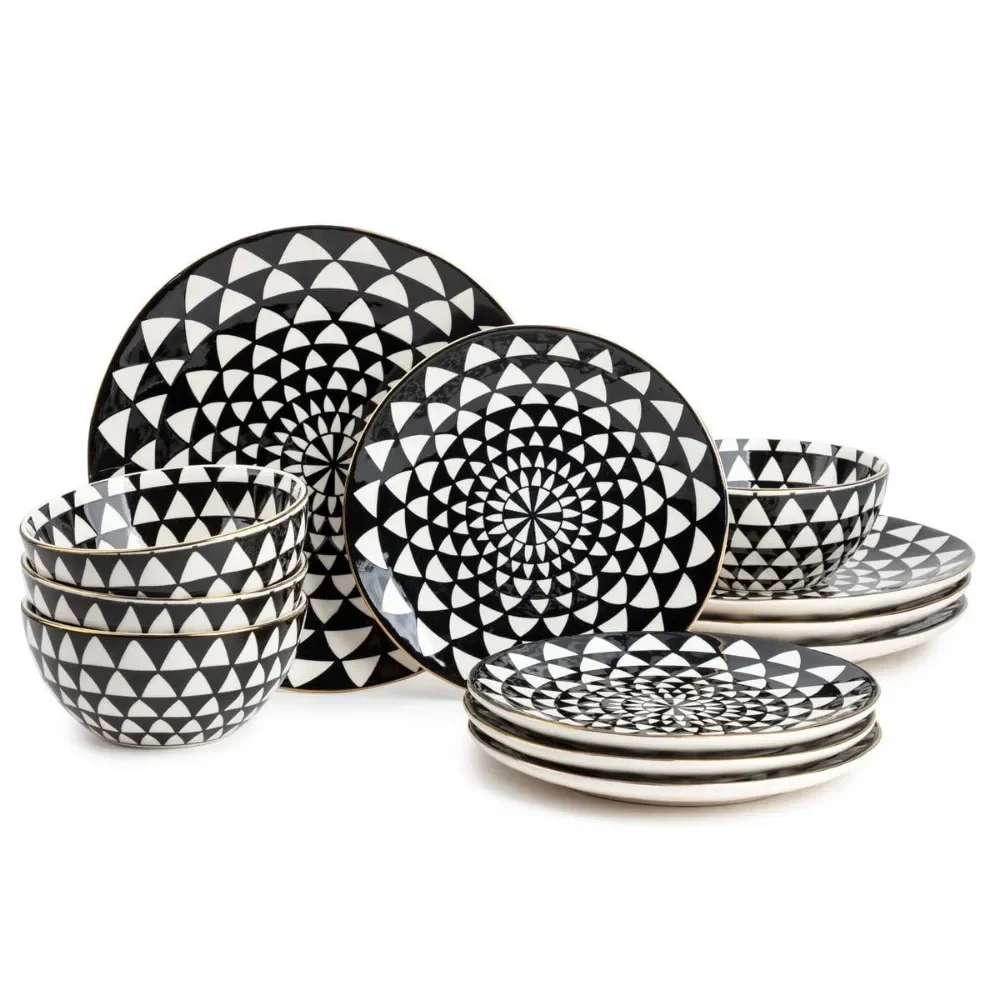 Table Dinnerware Black & White Medallion Stoneware ，10 plates per piece