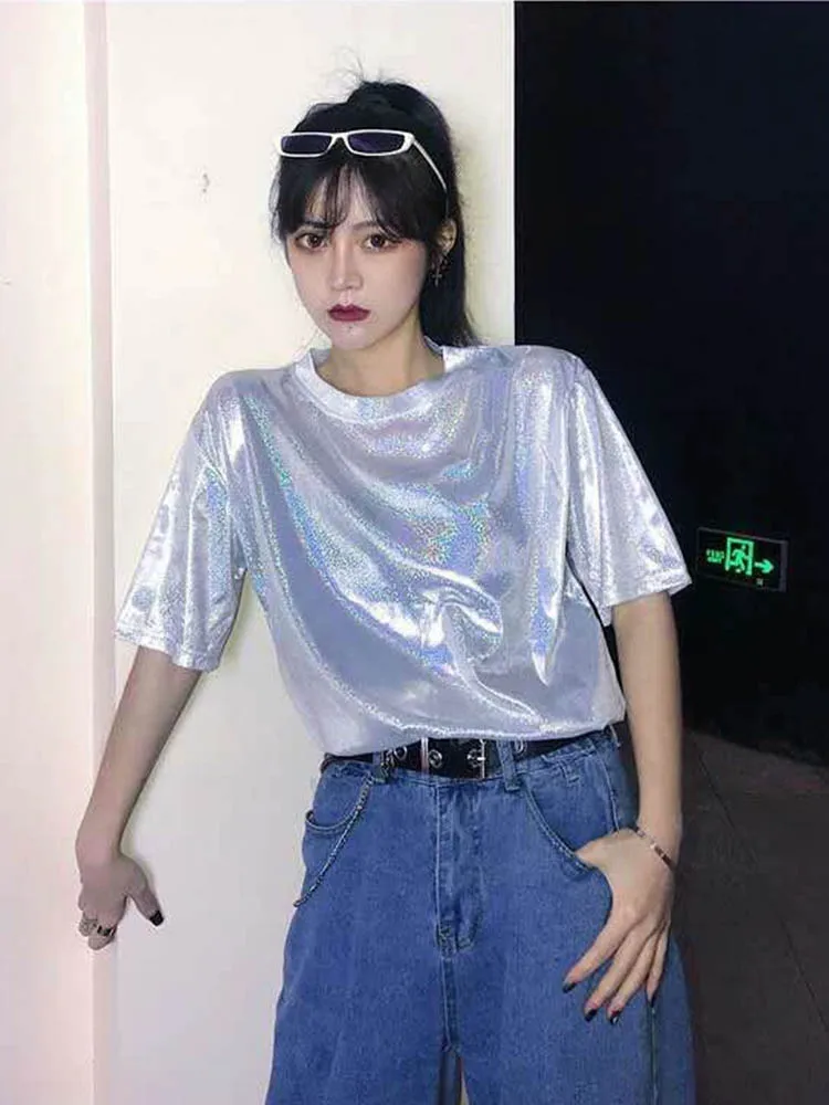 New summer retro style stylish bright silk woman tops shiny loose short sleeve t-shirt sexy club aesthetic harajuku women tshirt