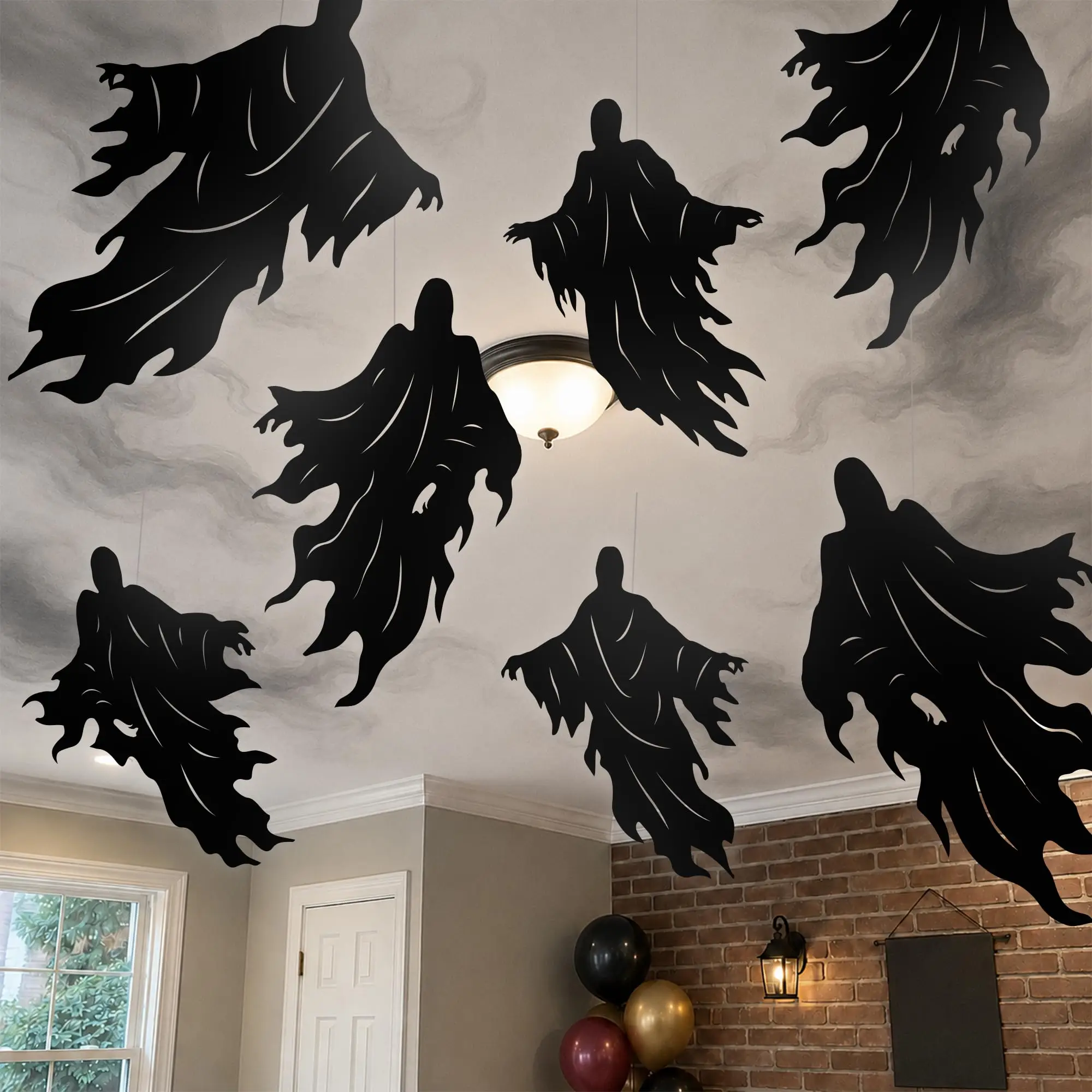 Halloween Schwarze Schwebende Geister-Papieraufkleber Hängende Silhouetten-Deko Gruselige Decken- und Fensterdekoration für Spukhaus-Party – Detail 5