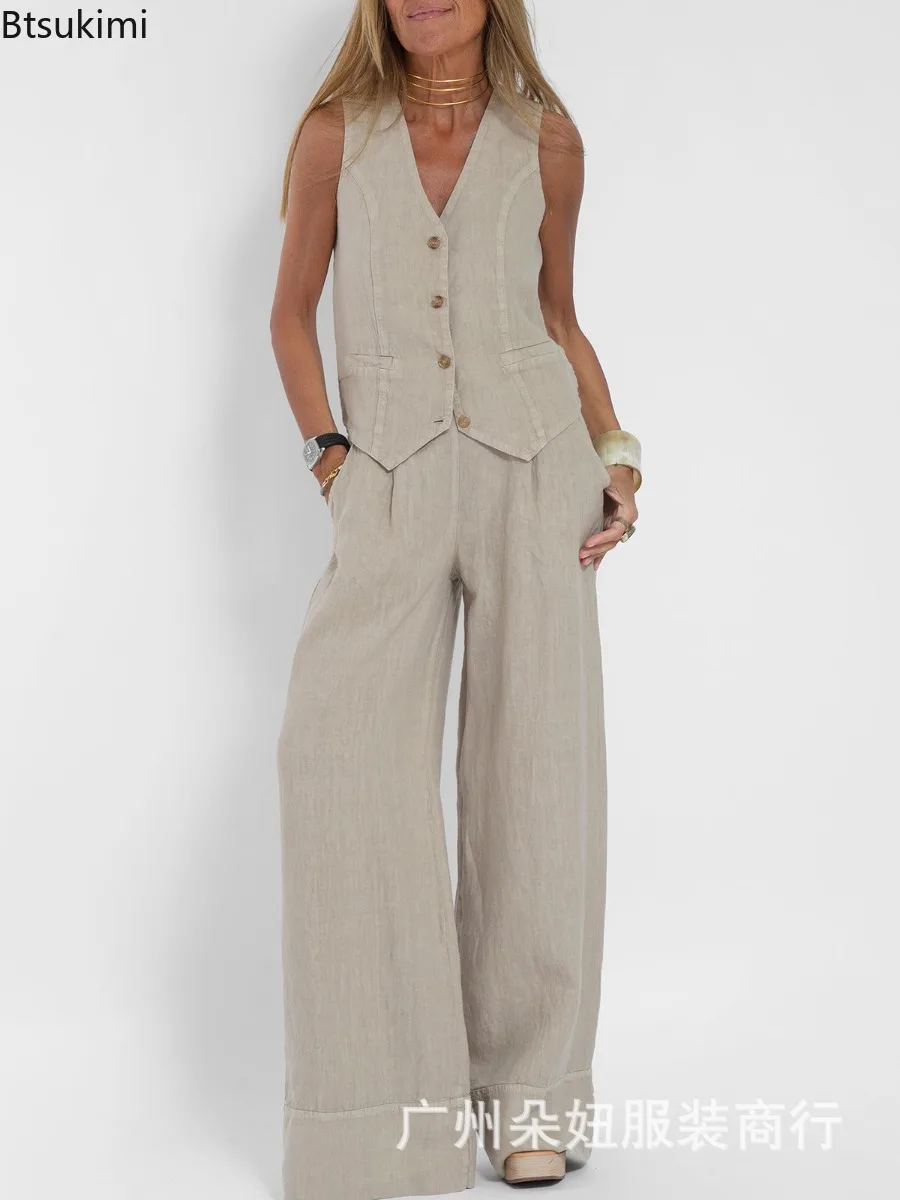 2024 Women's  Cotton Hemp Two Piece Pant Sets Sleeveless Vest Top Wide Leg Pants Suit  Ladies Elegant High Waist Trousers Outfit