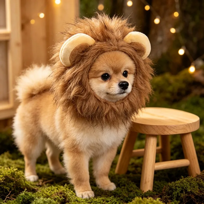 Lustiger Löwenmähnen-Hut für Haustiere, Verstellbare Plüsch-Kopfbedeckung, Halloween-Weihnachtskostüm-Accessoire für Katzen und kleine Hunde – Detail 4