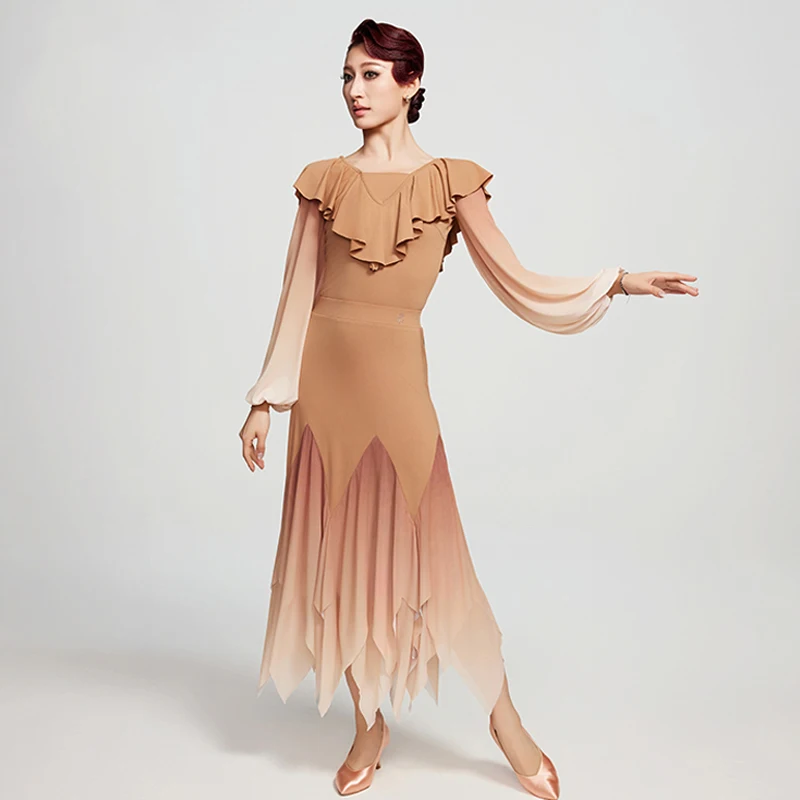

Adults Modern Dancing Suits Ruffled Sleeves Latin Top Long Skirt Women'S Waltz Ballroom Dance Professional Dresses SL12574