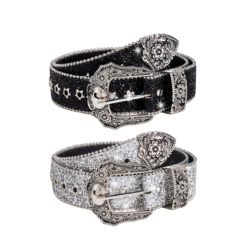 Eye-Catching Rhinestone Gothic Belts For Girls, Western Cowboy Style PU Leather Belts, Y2K Retro Fashion