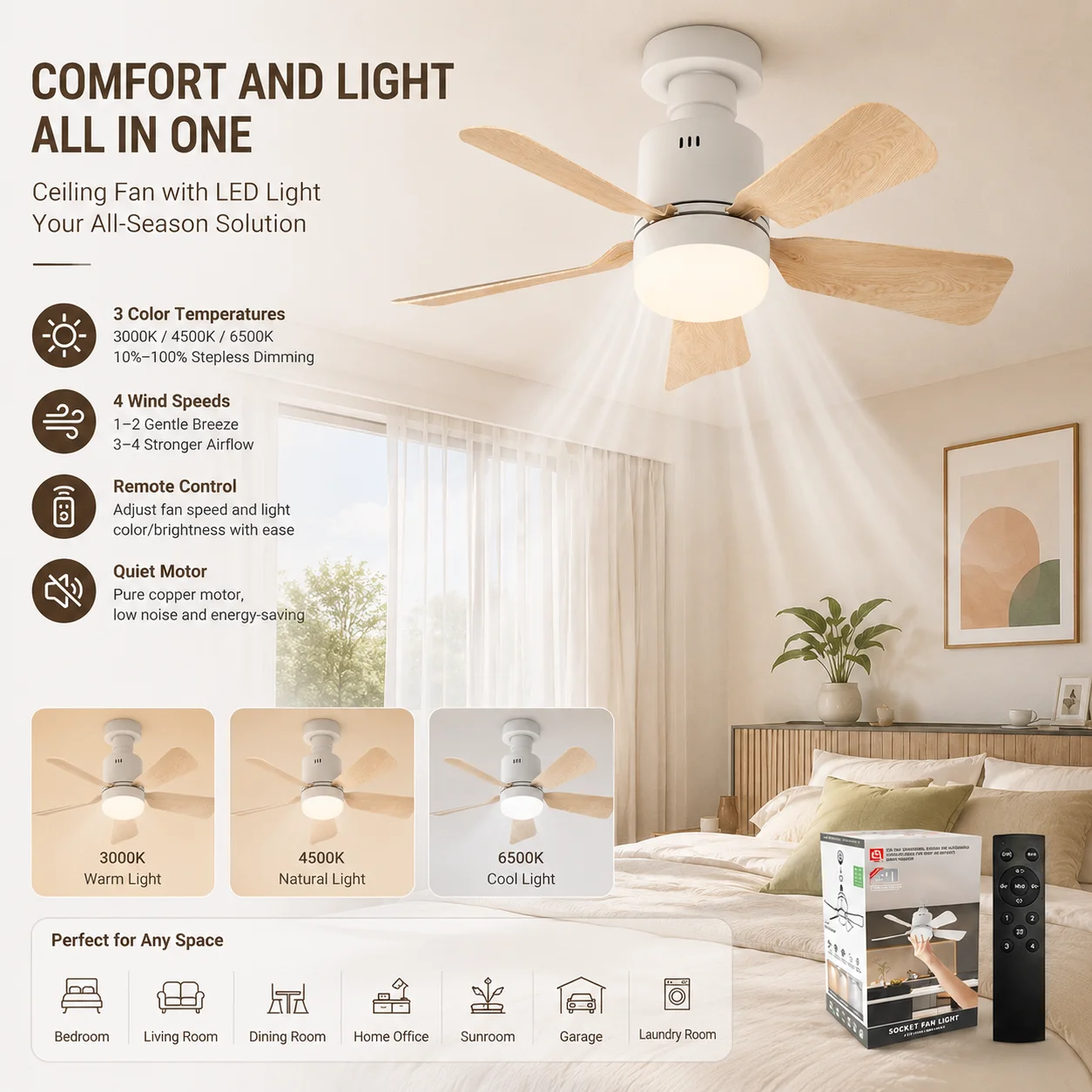 E26/E27 Fassung Deckenventilator mit LED-Licht 45cm 5 Flügel Holzmaserung 3-Farbentemperatur Fernbedienung Ohne Verkabelung