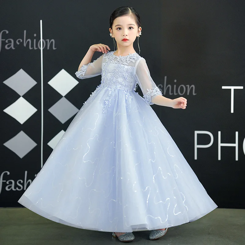 Elegant Briesdesmaid Girls Princess Puffy Dress for Kids Gauze Performance Costume Flower Girl Wedding Prom Party Pageant Gowns