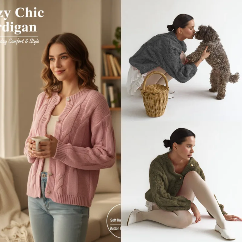 

Chic Knit Sweater Cardigan Women Autumn Elegant Gold Button Loose Solid Color Tops Open Front Outerwear Thick O-Neck Coat New