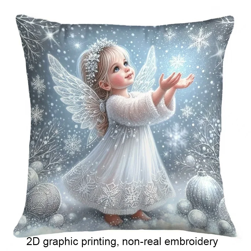 Cute Angel Little Girl Snow Scene Double Sided Pillow Cover Square Zipper Pillowcase Sofa Cushion Cover Office Car Bedroom Bed