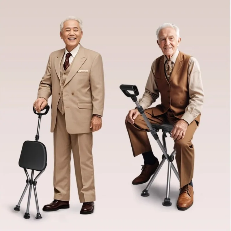Adjustable Lightweight Leg Rehabilitation Mobility Aids Crutch Stable Triangle Walking Stick with Seat for Elderly Crutch Chairs