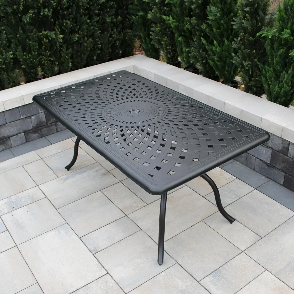 

67-in Outdoor Table with Umbrella Hole, Foot Glides, Modern Mesh Aluminum Rectangle Patio Table