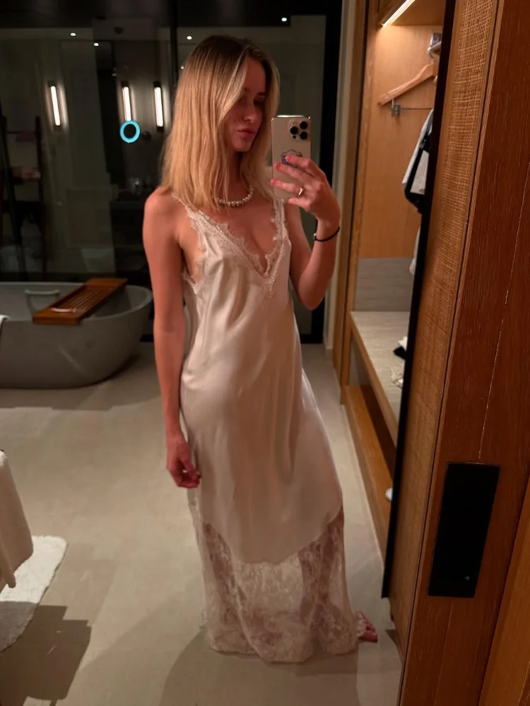 Seksowna sukienka mini na ramiączkach z satyny z koronkowymi wstawkami, modna, bez rękawów, z odkrytymi plecami, dekoltem w serek, luźna, satynowa długa sukienka, sukienka na przyjęcie, kolację.