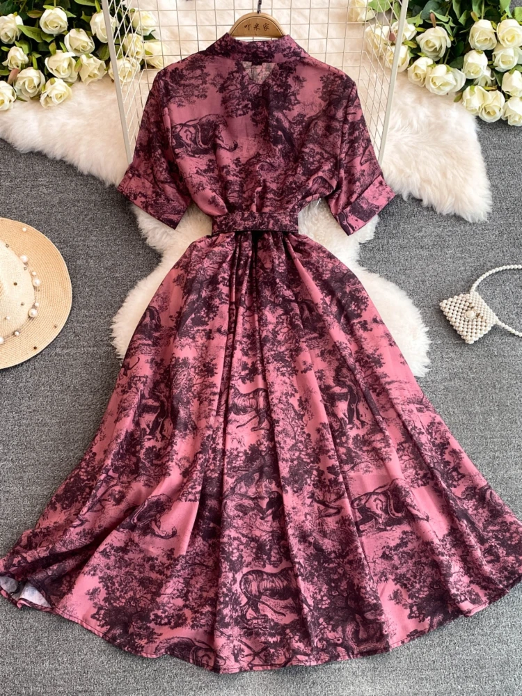 Vintage Printed Dress Women Short Sleeved Lapel A-line Ink Paint Shirt Dresses Ladies Elegant A-line Summer Long Robe Vestidos