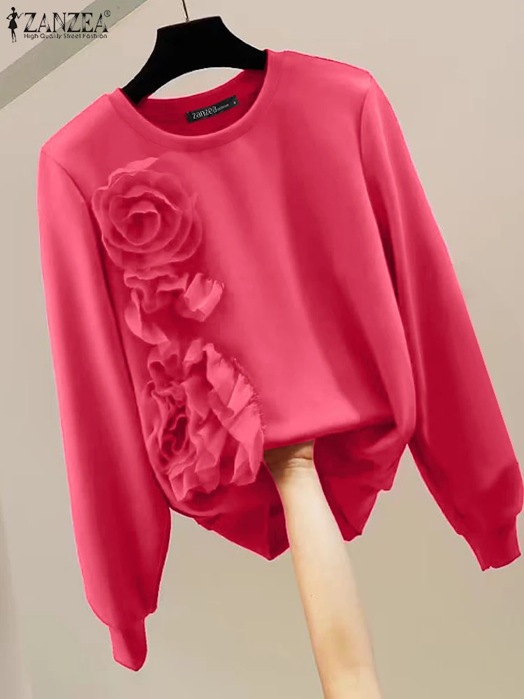 

ZANZEA 2025 Fashion Sweatshirts Women Autumn Hoodies Solid Casual Long Puff Sleeve Knitted Pullovers Vintage 3D Flowers Sweaters