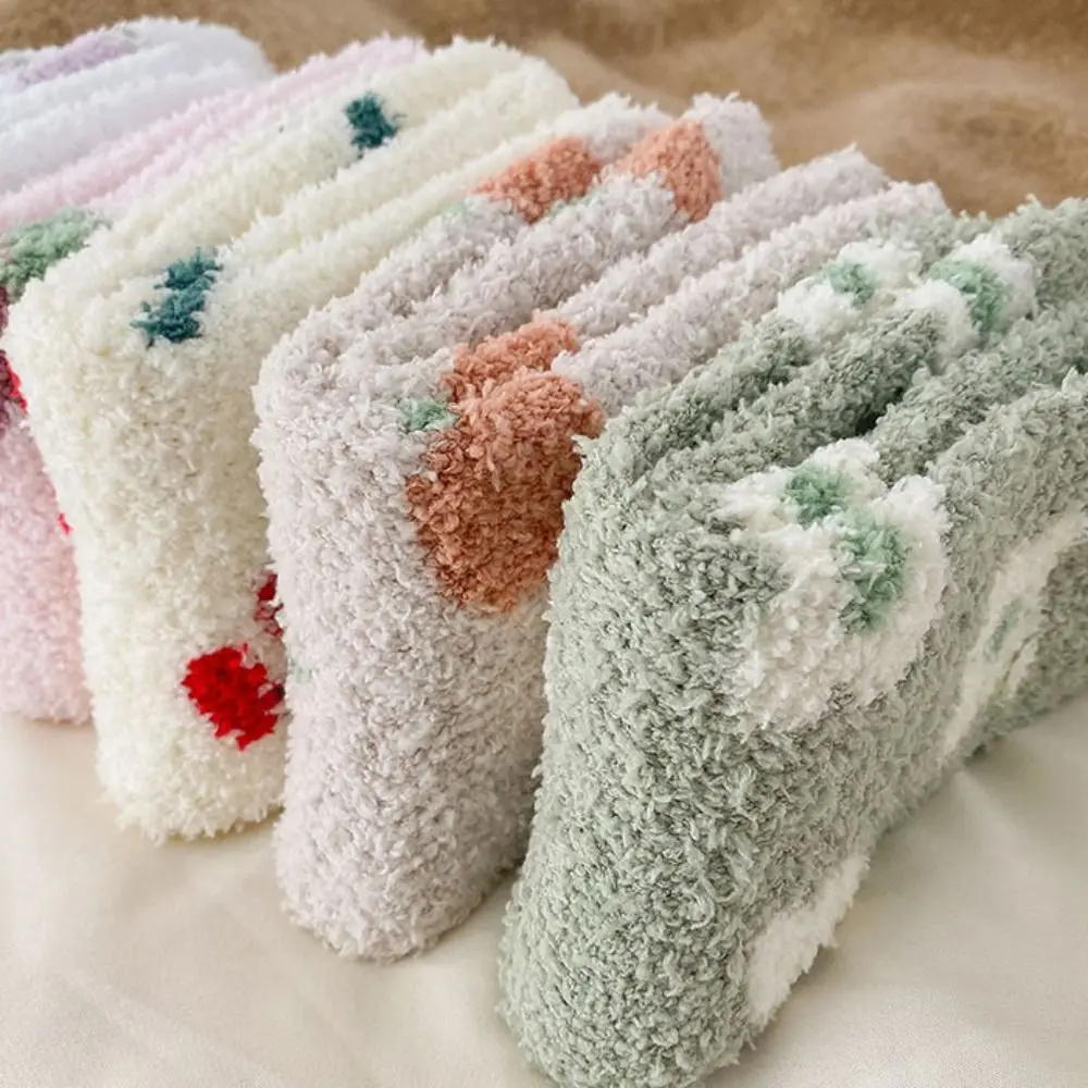 Cute Thickened Coral Fleece Socks Flower Strawberry Sleeping Floor Plush Socks Winter Hosiery Warm Socks Women For Girls