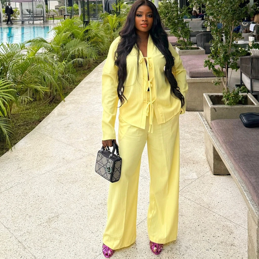 

Pant Set Women Two Piece Sets V Neck Full Sleeve Casual Loose Solid Tops Wide Leg Long Pants High Waist Y2k Streetwear Work