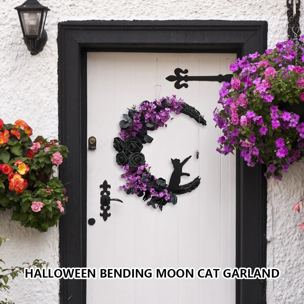 Gothic Wreath Decoration Handmade Moon Cat Halloween Decor Gift Halloween Door Wreath Multipurpose for Indoor Outdoor Home Decor