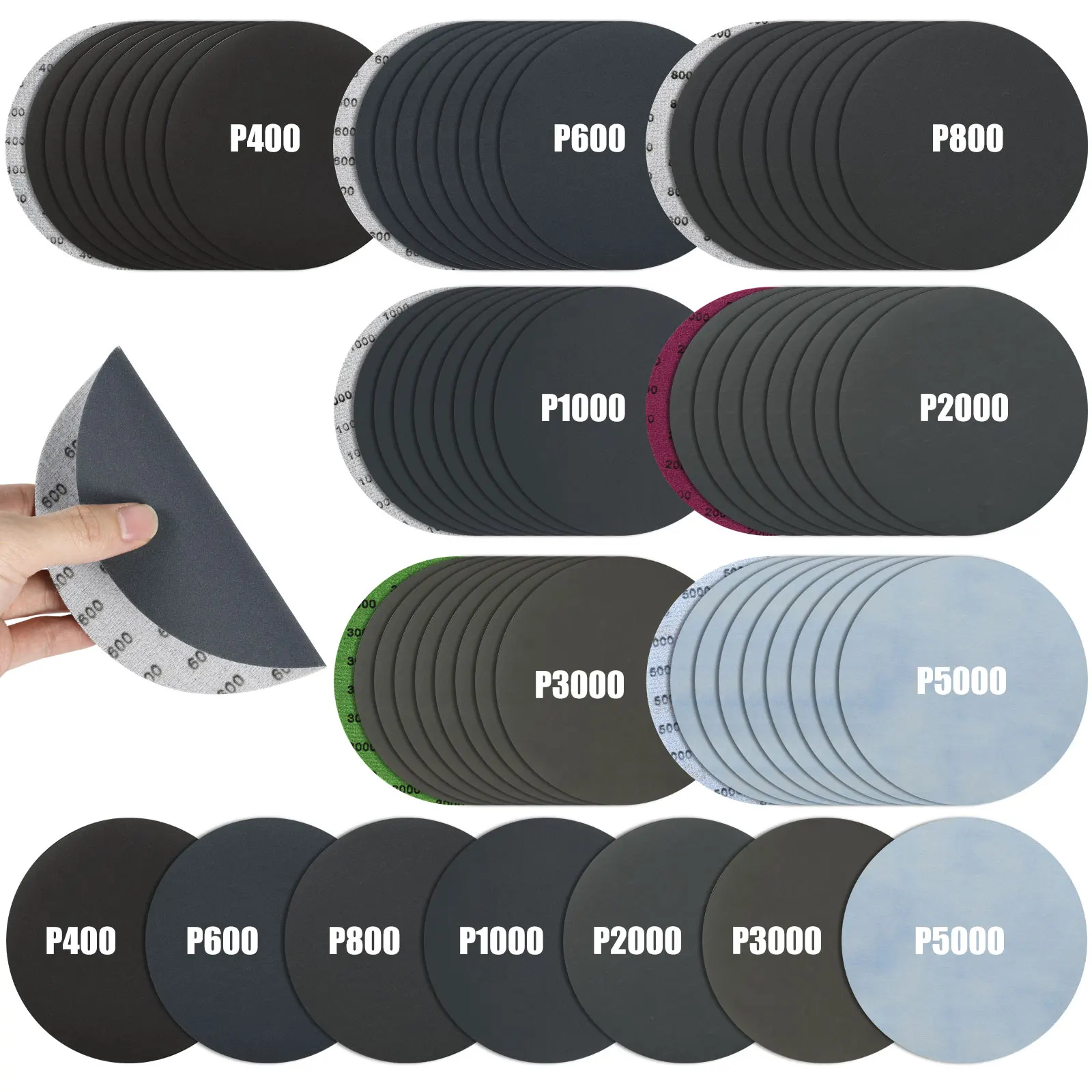 

6-дюймовые влажные и сухие шлифовальные диски с крючком и петлей, орбитальная наждачная бумага 150 мм, шлифовальные диски из карбида кремния, зернистость 400-5000 для орбитальной шлифовальной машины