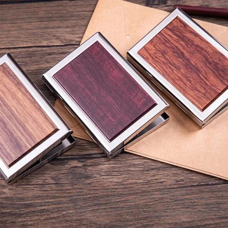 Custom Logo Organ Multi-layer Wooden Stainless Steel Business Cardcase Laser Walnut Wood Rosewood Personalized Card Box Case