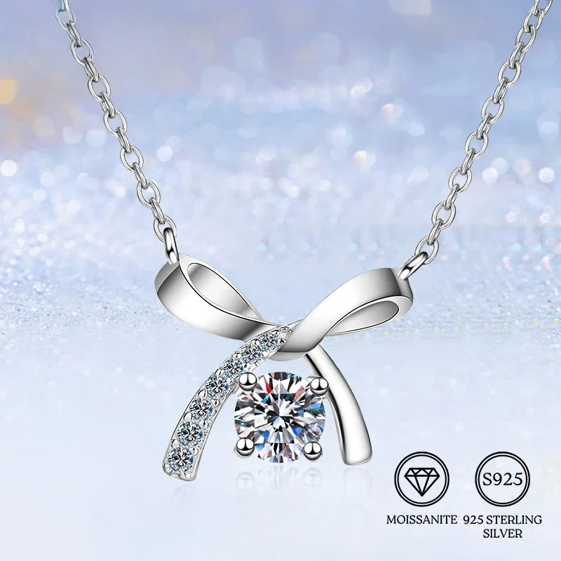 1pc 0.5/1Carat S925 Sterling Silver Moissanite Bowknot Necklace, Everyday All-match, Holiday Gifts Birthday Gifts for Teens.