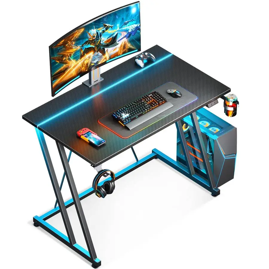 

32 Inch Small Gaming Desk with LED Light, Computer Desk for Small Space, Gaming Table with Carbon Fiber Texture, Kids PC Desk G