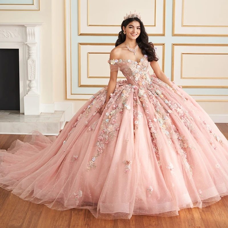 

Pink Princess Quinceanera Dresses Off the Shoulder Ball Gown 2025 Sweet 16 Dress Appliques Lace Tull Birthday Party Vestidos De