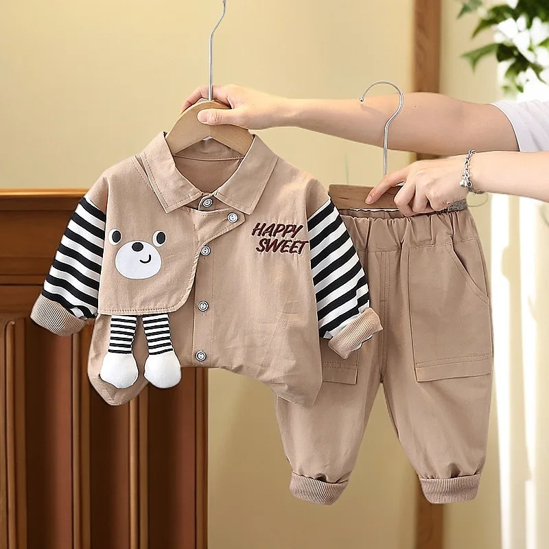 Boys 2Pcs Cute 3D Bear Patch Shacket Striped Splice Long Sleeve Shirt Elastic Cuff Cargo Jogger Pants Kids Casual Outfit Set