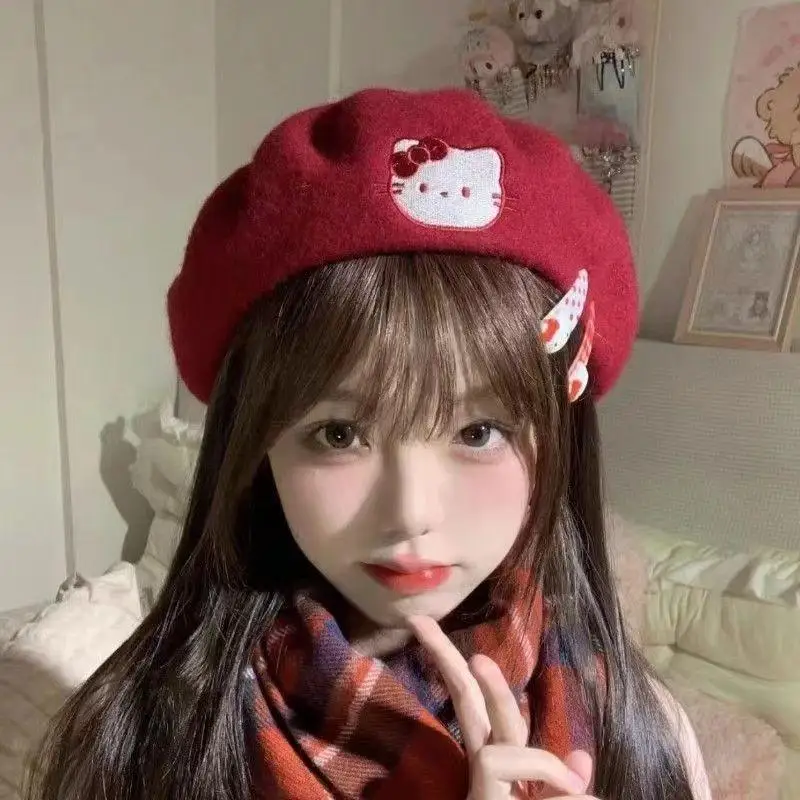 

Hello Kitty Cute Anime Hat Sanrio Kawaii Cartoon Winter Show Face Small Versatil Beret Student Christmas Flavor Painter Hat
